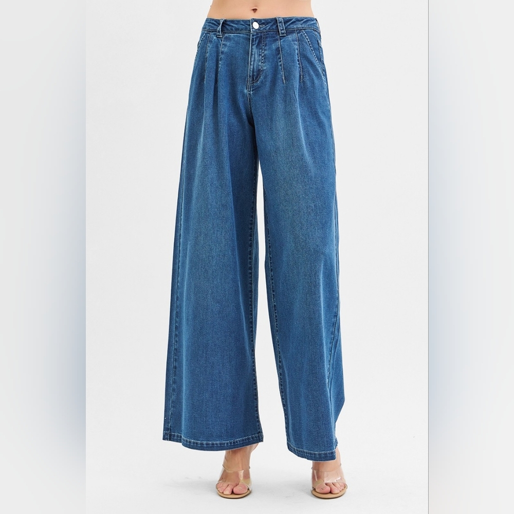 RISEN Palazzo Baggy Mid-Rise Pleated Ultra Wide Oversized Leg Jeans Denim Pants - Picture 8 of 16